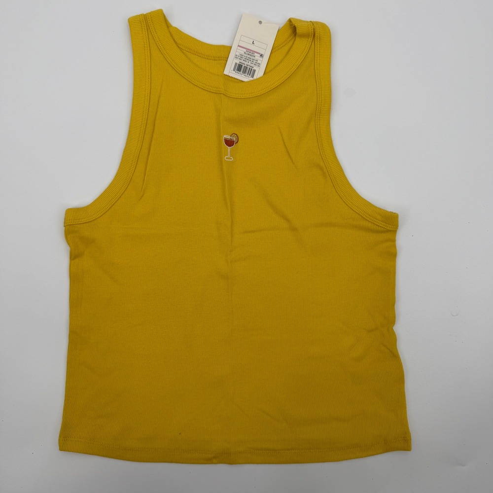 Target Tank Top Cocktail Embroidery Modern Women Size Large Yellow Ribbed Shirt
